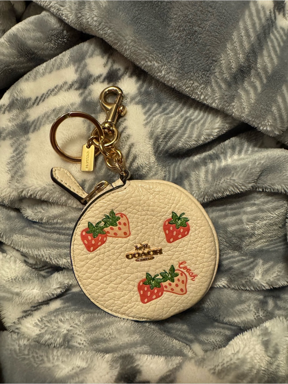 Coach Cream Strawberry Round Coin Case Keychain